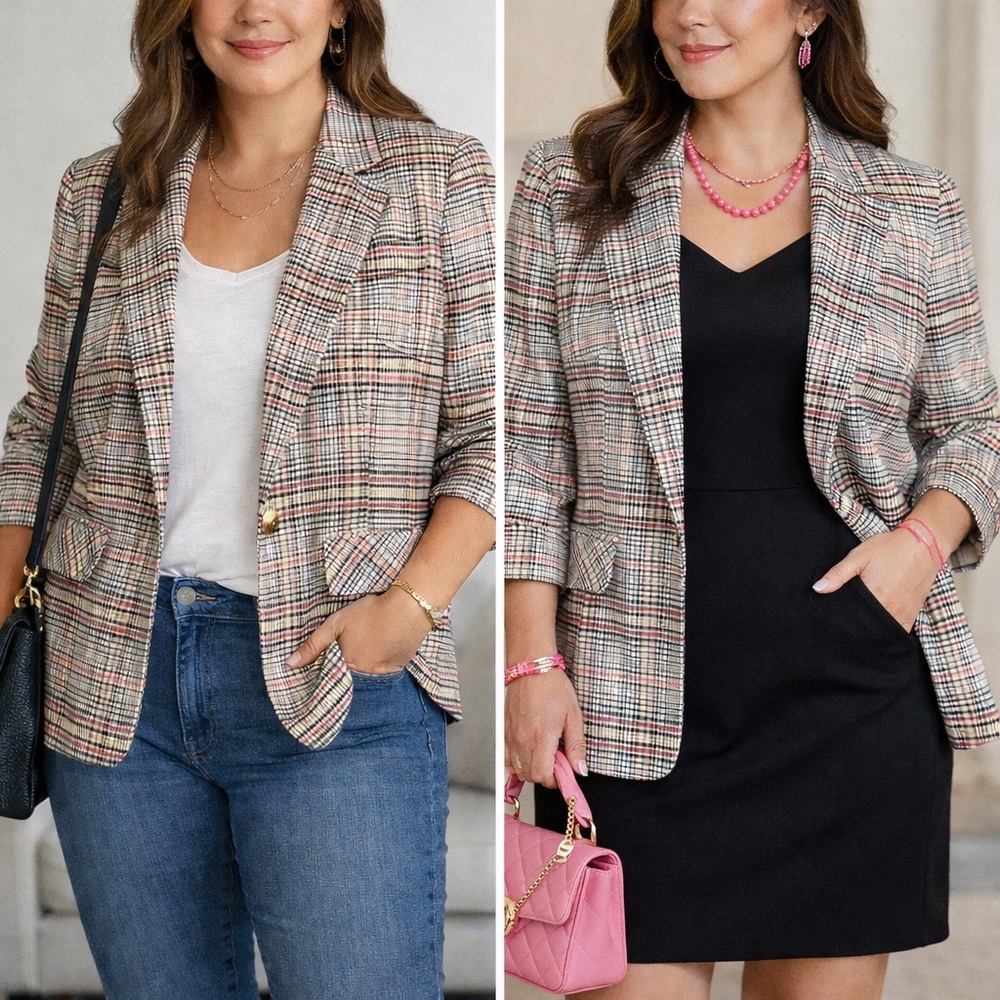 1. State Neutral Plaid Blazer with Pink Accents
01-0013